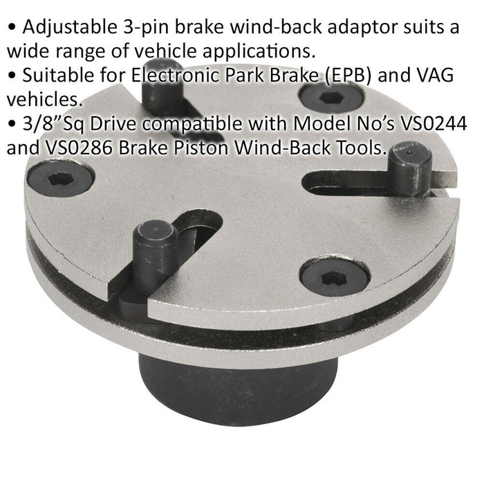 Adjustable 3-Pin Brake Wind-Back Adaptor - 3/8" Sq Drive - 4mm Pin Diameter Loops