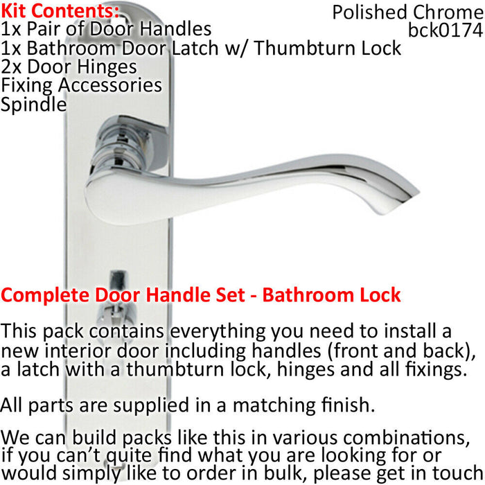 Door Handle & Bathroom Lock Pack Chrome Curved Lever Thumb Turn Backplate Loops