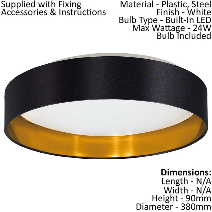 Flush Ceiling Light Colour White Shade Black Gold Fabric Bulb LED 24W Included Loops