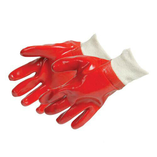 Red PVC Protective Work Gloves With Knitted Cuffs One Size Loops