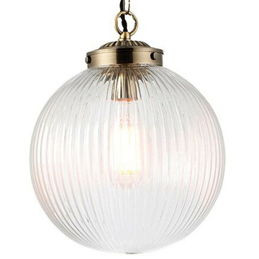 Hanging Ceiling Pendant Light BRASS & RIBBED GLASS Large Round Lamp Shade Holder Loops