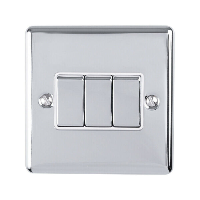 5 PACK 3 Gang Triple Metal Light Switch POLISHED CHROME 2 Way 10A White Trim Loops
