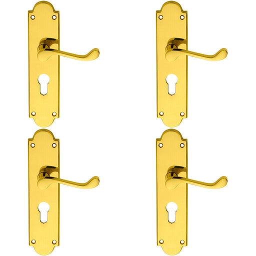 4x PAIR Victorian Scroll Lever on Euro Lock Backplate 205 x 49mm Polished Brass Loops