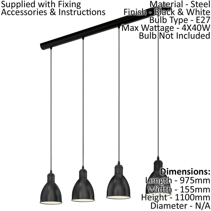 Hanging Ceiling Pendant Light Black & White Steel 4 x 40W E27 Bulb Loops