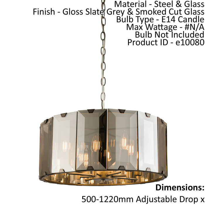 Ceiling Pendant Light Gloss Slate Grey & Smoked Cut Glass 8 x 40W E14 Loops