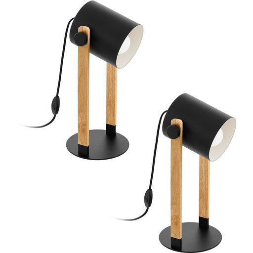 2 PACK Table Lamp Desk Light Black & Creme Shade Wood Base 1x 28W E27 Loops