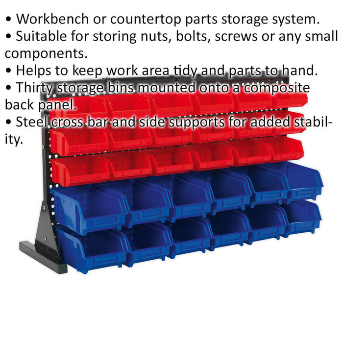 30 Tray / Bin Bench Mounted Parts Storage Rack - Garage & Warehouse Picking Unit Loops