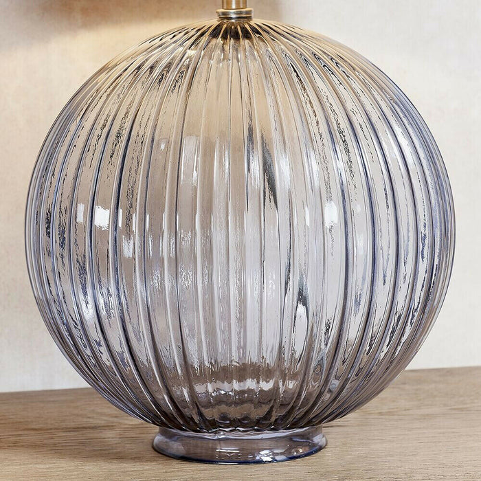 Round Textured Table Lamp Base Smoked Ribbed Glass & Nickel Classic Globe Bulb Loops