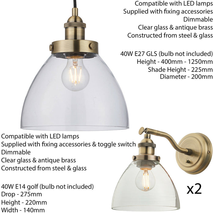 Ceiling Pendant & 2x Matching Wall Light Pack Antique Brass & Clear Glass Shade Loops