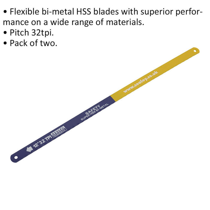 2 PACK 300mm Flexible Bi-Metal HSS Hacksaw Blade - 32 TPI Pitch - Saw Power Tool Loops