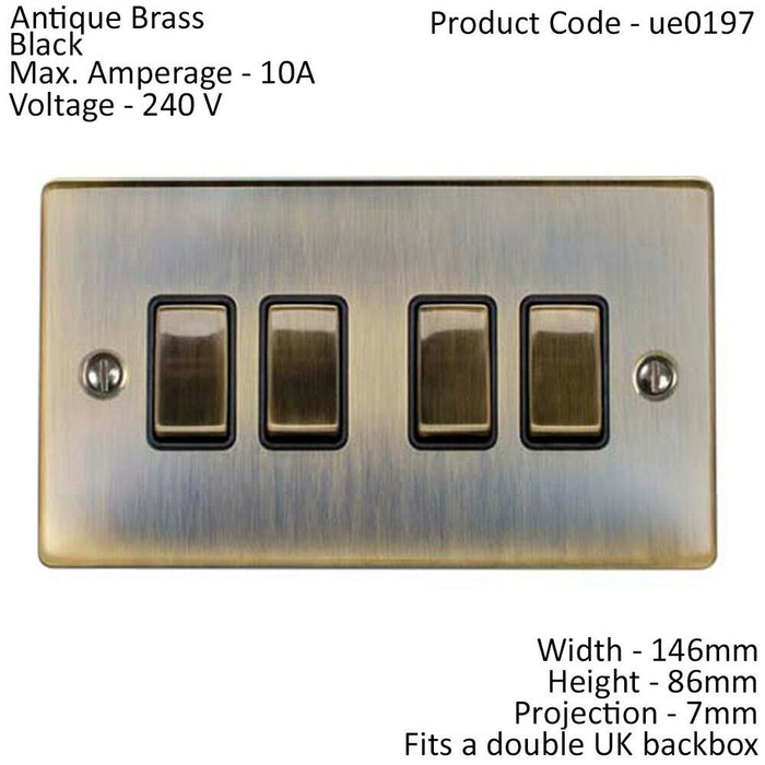 4 Gang Quad Light Switch ANTIQUE BRASS 2 Way 10A Black Trim & Metal Rocker Loops