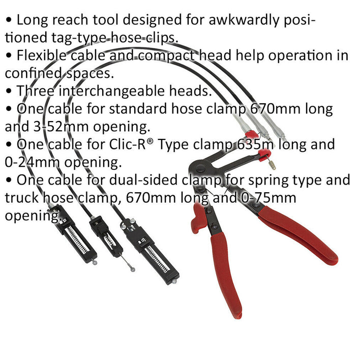 Remote Action Hose Clamp Pliers - Interchangeable Heads - Flexible Cable Loops