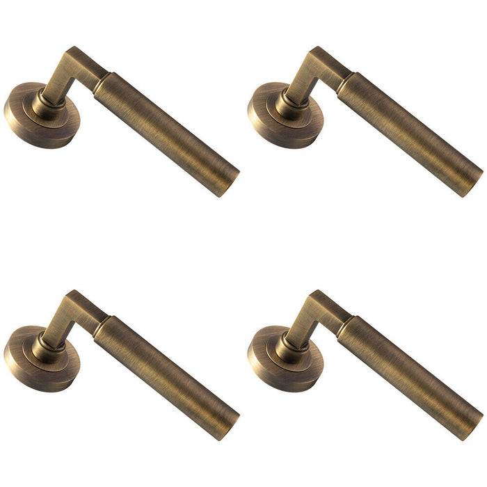 4x PAIR Straight Round Bar Handle on Round Rose Concealed Fix Antique Brass Loops