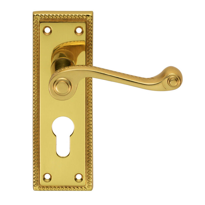 2x PAIR Reeded Design Scroll Lever on Euro Lock Backplate 150 x 48mm Brass Loops