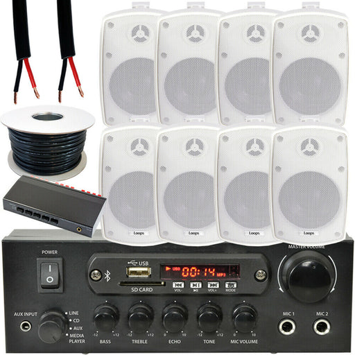 4 Zone Bluetooth Kit 8x 60W Outdoor White Speakers Stereo Amplifier Garden BBQ