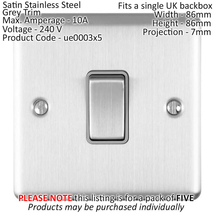 5 PACK 1 Gang Single Light Switch SATIN STEEL 2 Way 10A Grey Trim & Metal Loops