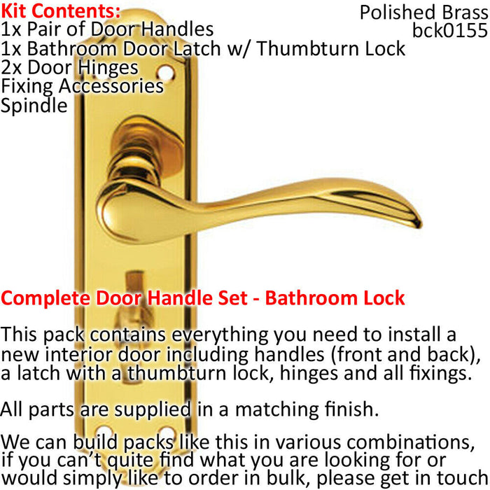 Door Handle & Bathroom Lock Pack Brass Victorian Curved Thumbturn Backplate Loops