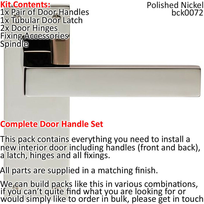 Door Handle & Latch Pack Polished Nickel Square Lever Slim Latch Backplate Loops