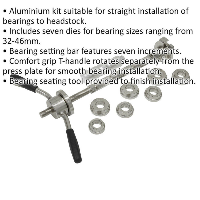 Aluminium Motorcycle Steering Bearing Press - 32-46mm Headstock Install - 7 Dies Loops