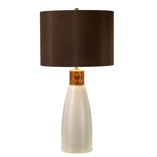 Table Lamp Brown Leather Brass Strap Brown Faux Silk Cylinder Shade LED E27 60W Loops