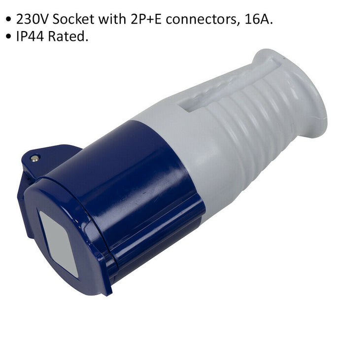 230V Blue Plug Socket - Suitable for 2P+E 16A Connectors - IP44 Rated Site Plug Loops