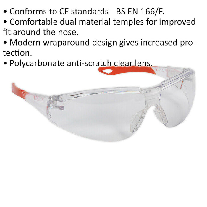 Wraparound Safety Spectacles - Clear Anti Scratch Lens - Comfortable Fit Loops