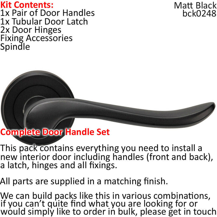 Door Handle & Latch Pack Matt Black Scroll Shaped Lever Screwless Round Rose Loops