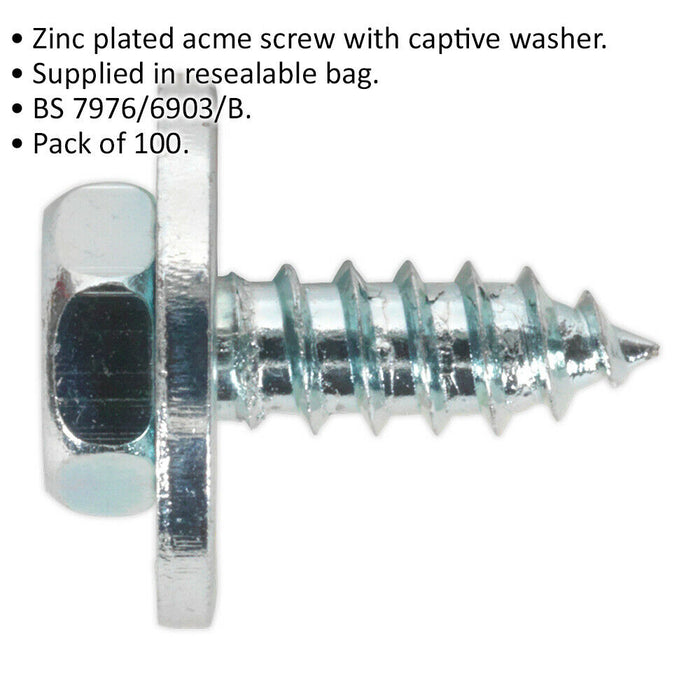 100 PACK M10 x 1/2 Inch Acme Screw with Captive Washer - Zinc Plated Fixings Loops