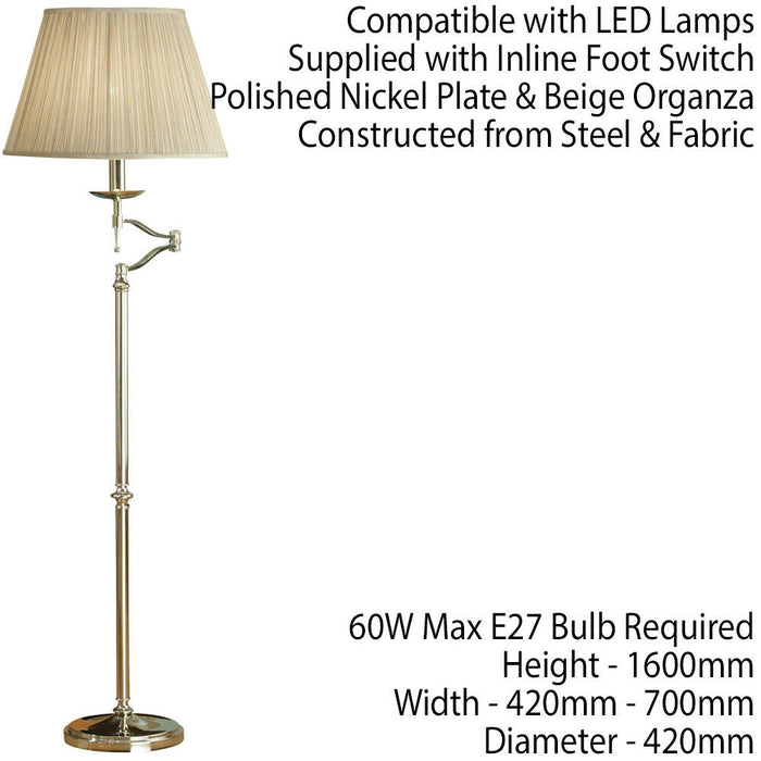 Luxury Moving Swing Arm Feature Floor Lamp Polished Nickel & Beige Organza Shade Loops