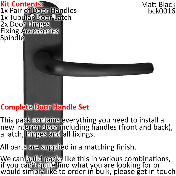 Door Handle & Latch Pack Matt Black Curved Round Lever Slim Curved Backplate Loops