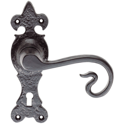 PAIR Forged Curled Lever Handle on Lock Backplate 167 x 51mm Black Antique Loops