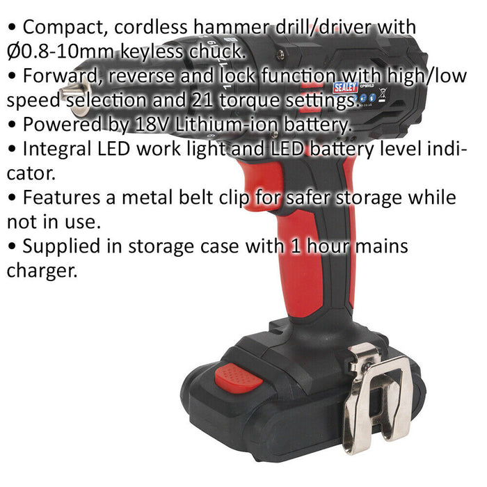 18V Cordless Hammer Drill Driver Kit - 10mm Keyless Chuck - 1.5Ah Lithium-ion Loops