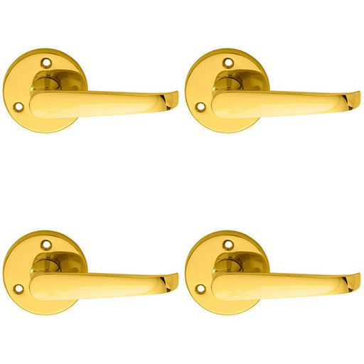 4x PAIR Victorian Straight Shaped Lever on 59mm Round Rose Polished Brass Handle Loops