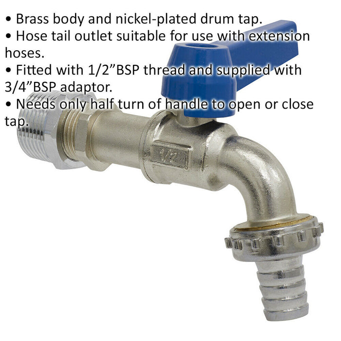 1/2" BSP Drum Tap - 3/4" BSP Adaptor Included - Hose Tail Outlet - Brass Body Loops