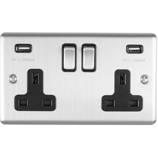 2 Gang Single UK Plug Socket & Dual 2.1A USB SATIN STEEL & Black 13A Switched Loops