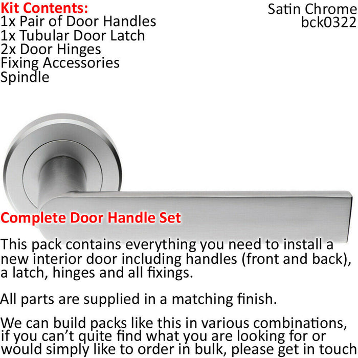 Door Handle & Latch Pack Satin Chrome Square Curve Lever Screwless Round Rose Loops