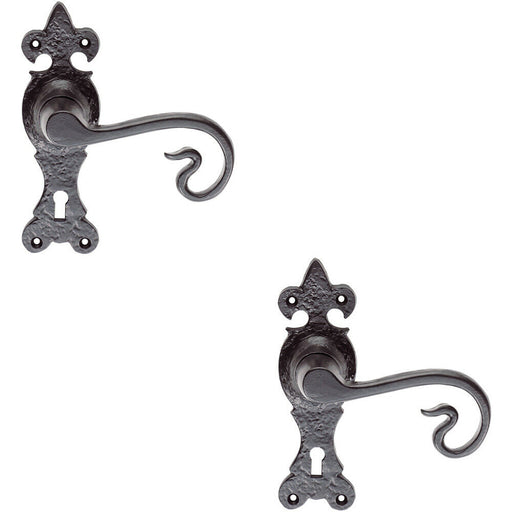 2x PAIR Forged Curled Lever Handle on Lock Backplate 167 x 51mm Black Antique Loops