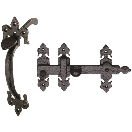 Ornate Suffolk Thumb Latch Door Handle Set for Outdoor Gates Black Antique Loops
