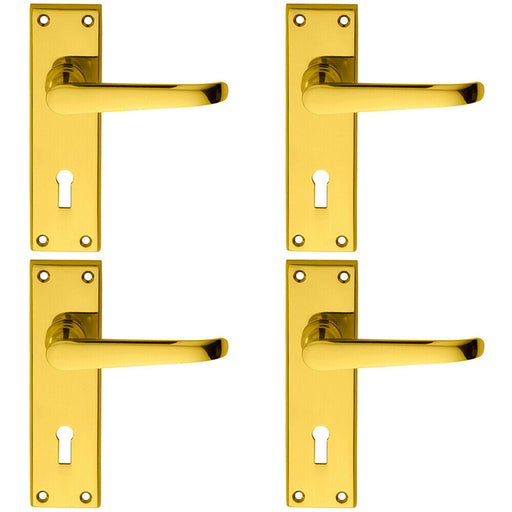 4x PAIR Straight Victorian Handle on Lock Backplate 150 x 42mm Polished Brass Loops