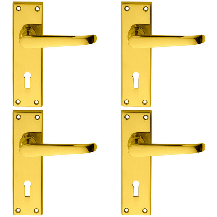 4x PAIR Straight Victorian Handle on Lock Backplate 150 x 42mm Polished Brass Loops