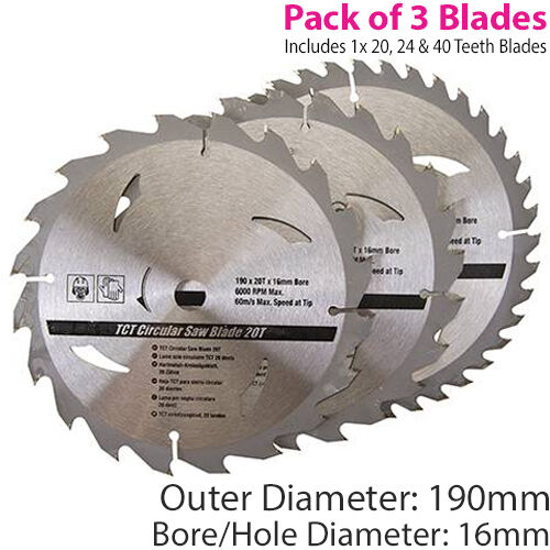 190mm x 16mm TCT Circular Saw Blades 3 Pack 20T 24T 40T Mitre Wood Table Loops
