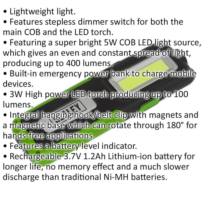 Rechargeable Inspection Light with Power Bank - 5W COB & 3W SMD LED - Green Loops