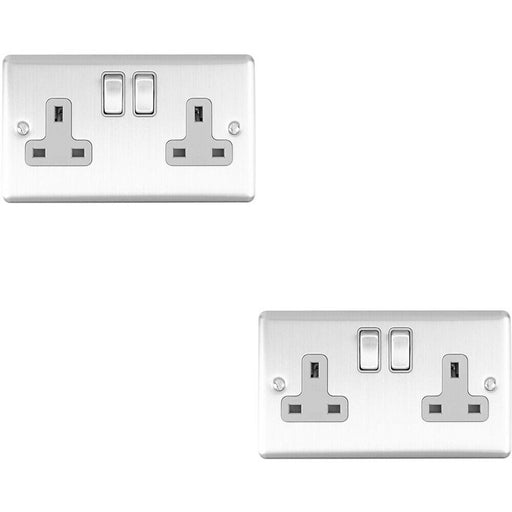 2 PACK 2 Gang Double UK Plug Socket SATIN STEEL & Grey 13A Switched Outlet Loops