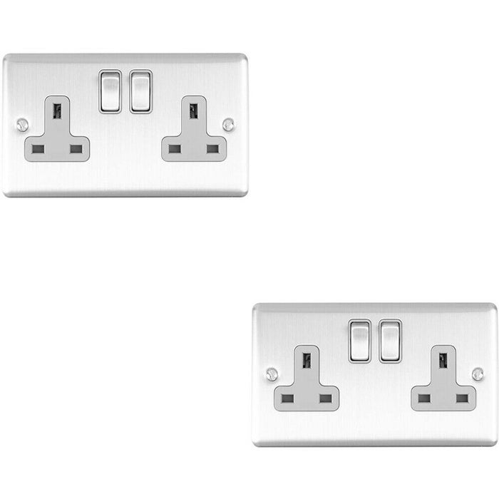 2 PACK 2 Gang Double UK Plug Socket SATIN STEEL & Grey 13A Switched Outlet Loops