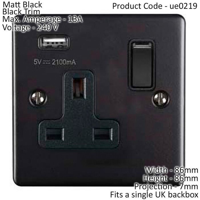 1 Gang Single UK Plug Socket & 2.1A USB Charger MATT BLACK 13A Switched Loops