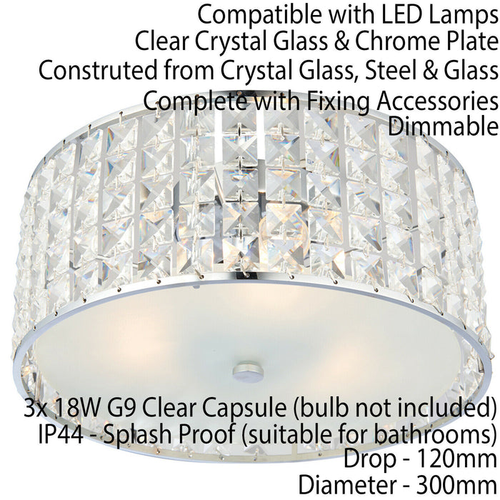 Flush Bathroom Ceiling Light Diffused Crystal Shade IP44 Round Lamp Bulb Holder Loops