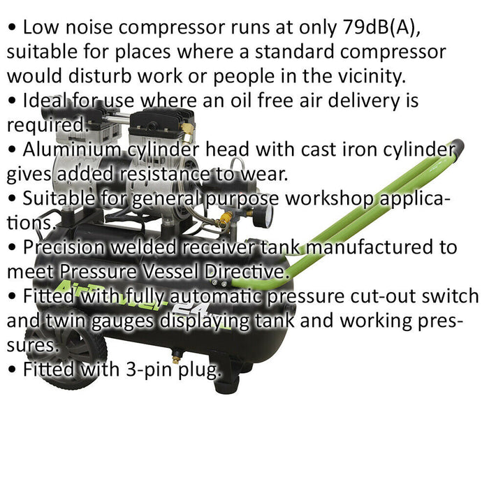 24L Direct Drive Air Compressor - Low Noise 1hp Motor - Twin Gauge Display Loops