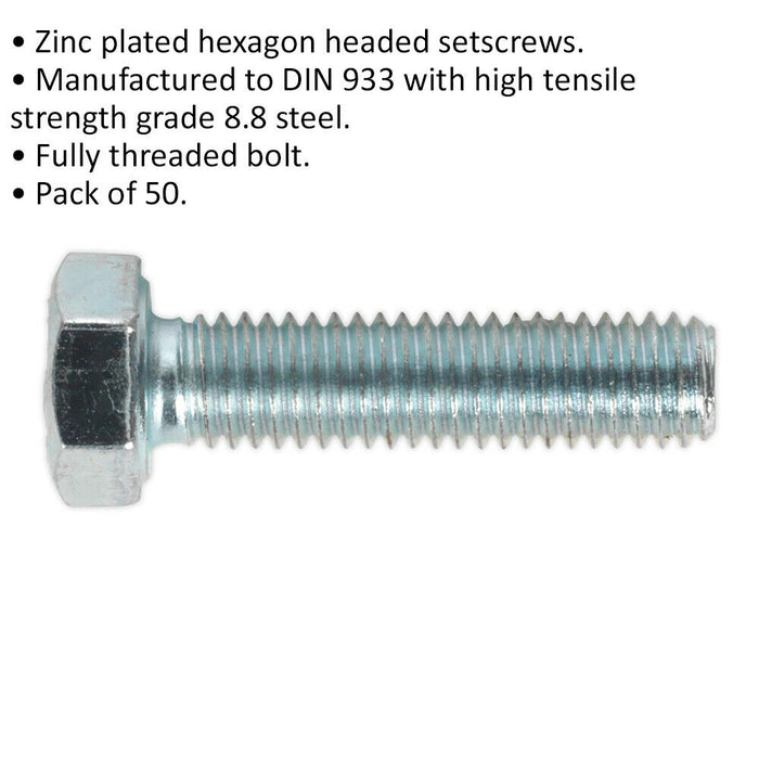 50 PACK HT Setscrew - M5 x 20mm - Grade 8.8 Zinc - Fully Threaded - DIN 933 Loops