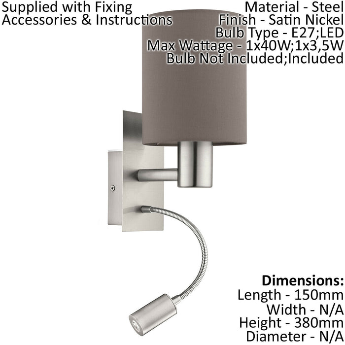 Wall Light Satin Nickel Shade Anthracite Brown Fabric Bulb E27 LED 1x40W 1x3.5W Loops