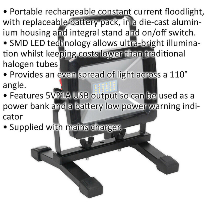 Rechargeable Portable Floodlight - 20W SMD LED - Aluminium Housing - 1400 Lumen Loops